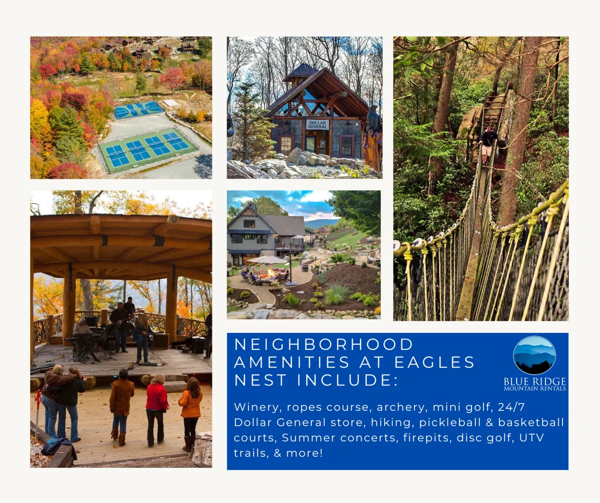 This vibrant exterior shot captures several family-friendly amenities at Eagles Nest, including the ropes course, mini golf area, and an outdoor stage set against a stunning mountain backdrop. Families and children are visible participating in activities, conveying a lively and communal atmosphere.
